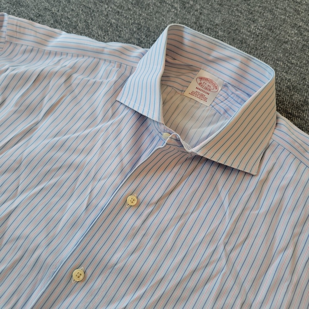 Brooks Brothers Dress Shirt Men's 17 35 Madison Blue Red Striped Non-Iron Supima